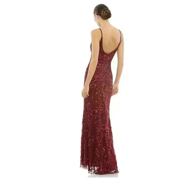 Mac Duggal Plunging V Neck Embellished Leaf Evening Gown 12 Burgundy 5107 Train - Picture 3 of 10